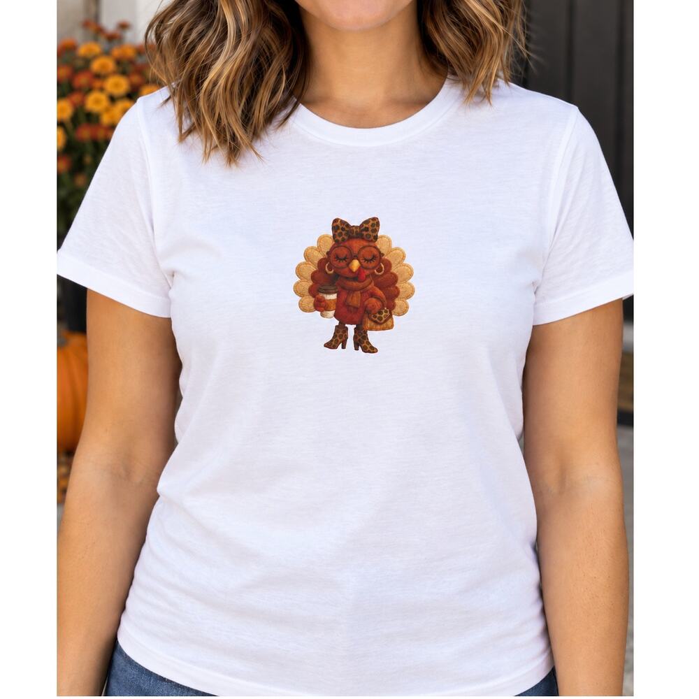 Gildan Softstyle White Turkey Leopard Bow Graphic T-Shirt Women’s Medium
